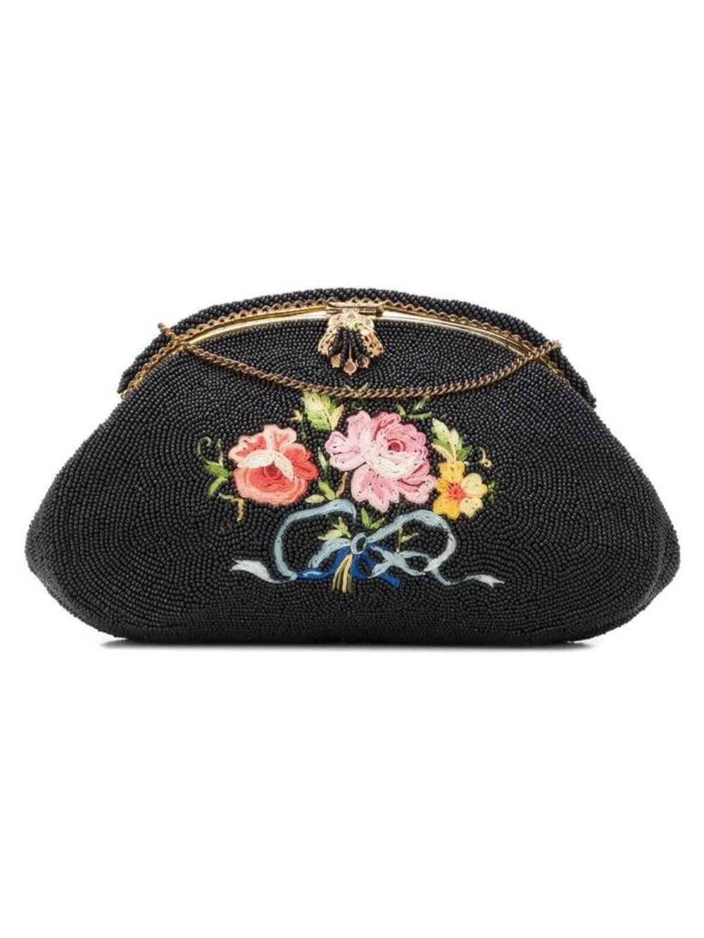 Vintage Birks 1940s French Beaded Embroidery Floral Black Bag EUC